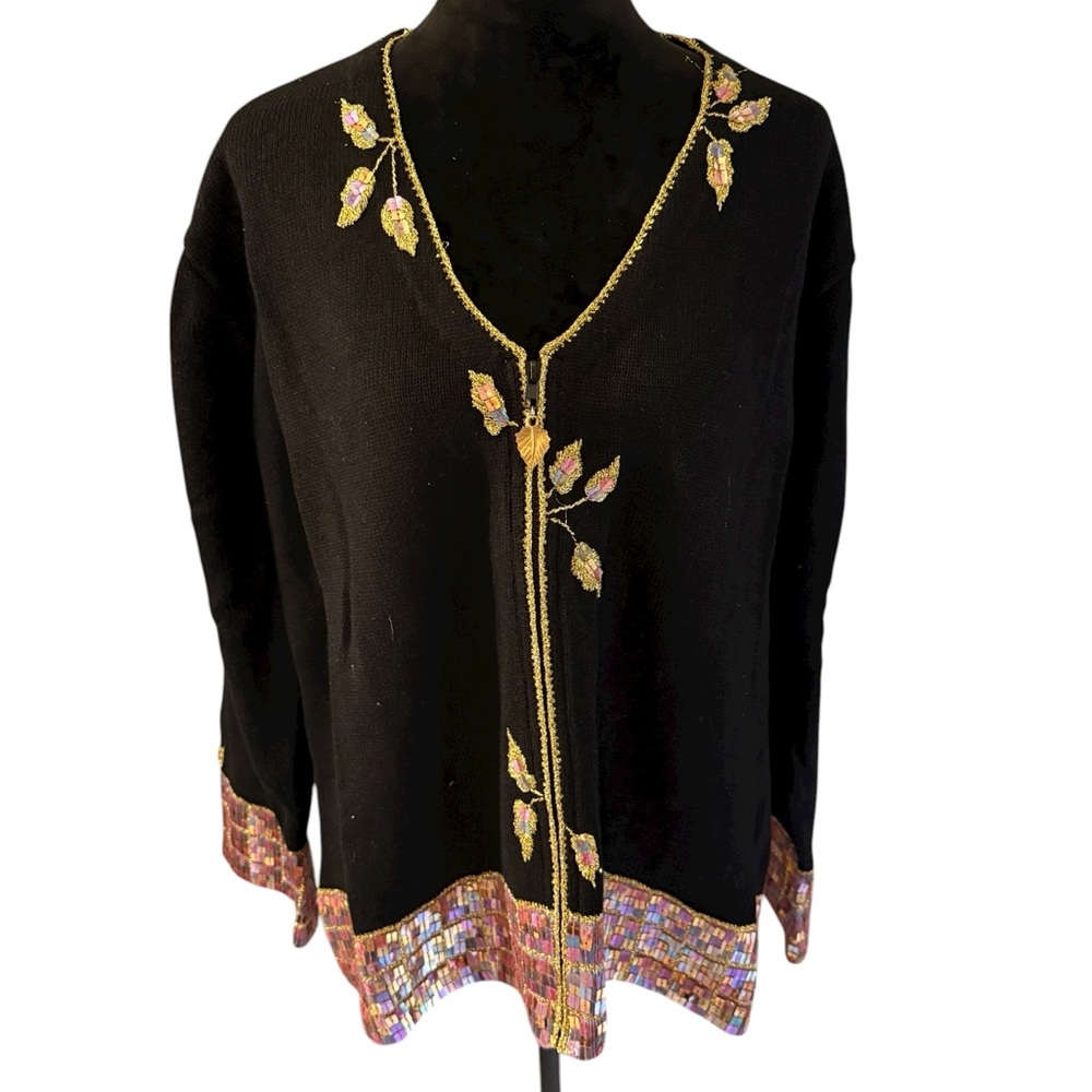 Storybook Knits Black Cardigan with Sequins Leaves - Picture 3 of 6
